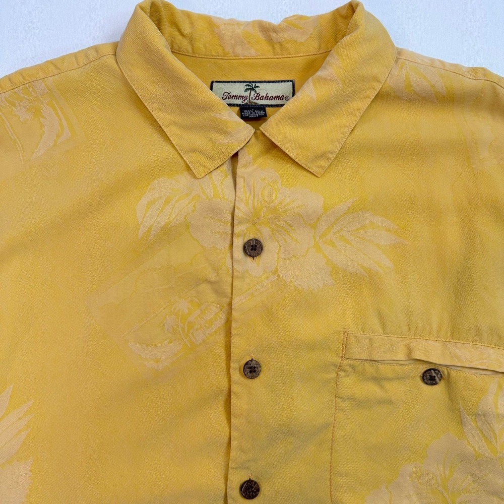 Tommy Bahama Shirt Mens Large Yellow 100% Silk Floral Jacquard Camp Beachwear